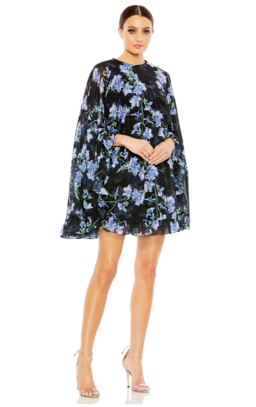 Ieena For Mac Duggal Black Multi Floral Ruffle Cape Mini Dress Size 12